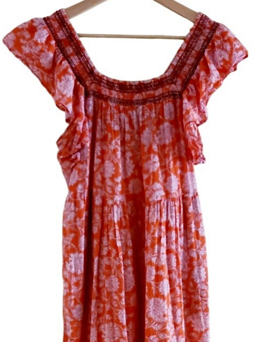Free People Bonita Printed Midi Dress Coral Floral 100% Cotton Pockets Bohemian - Picture 4 of 17